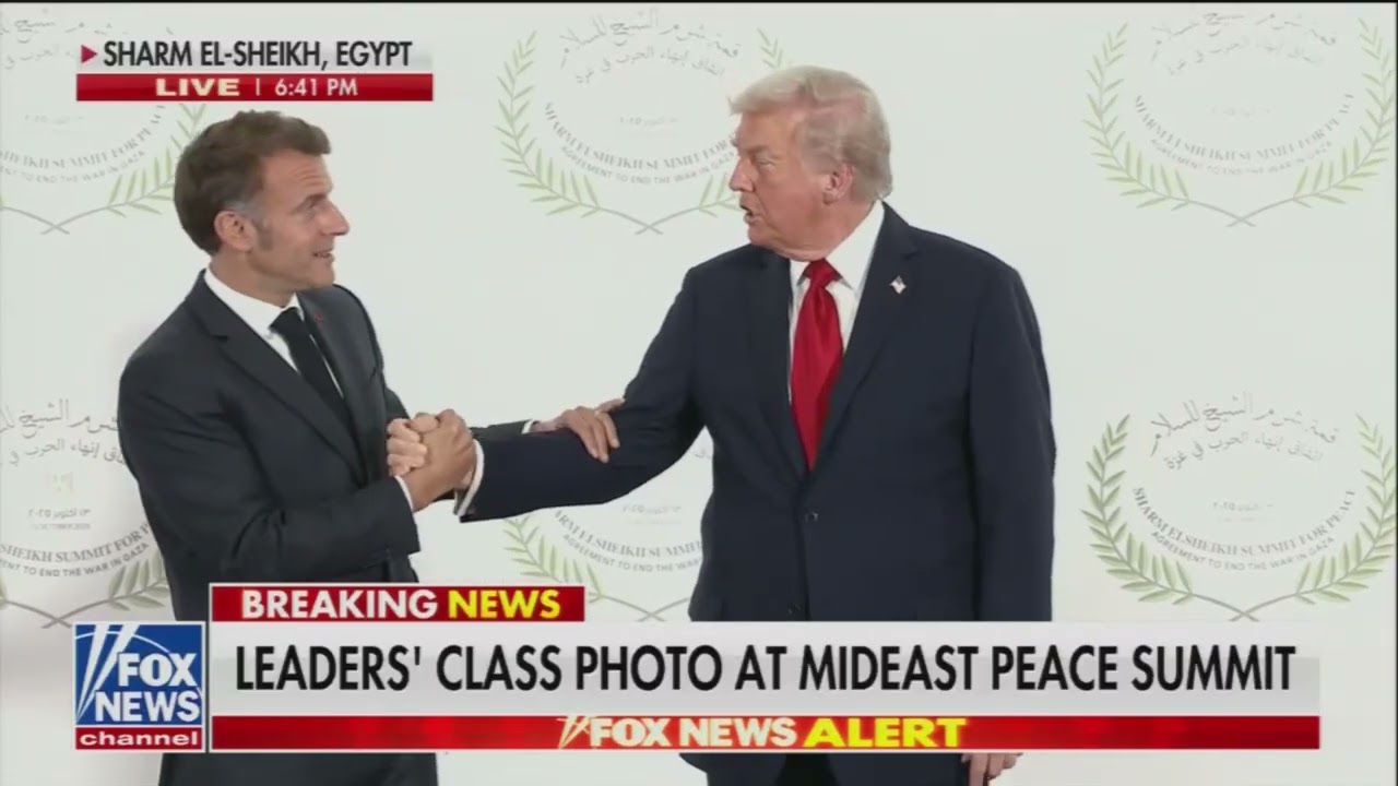 Macron Appears Uneasy During Prolonged Handshake with Trump at Gaza Summit